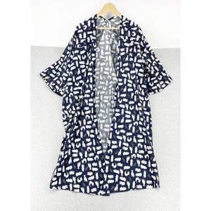 Hand Ma-de Cat Kimono Top Blue Cat Print Open Front Duster Cardigan Casual